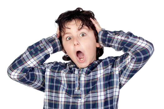 Amazed child with plaid t-shirt isolated on white background