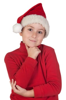 Adorable boy with santa hat isolated thinking on white background