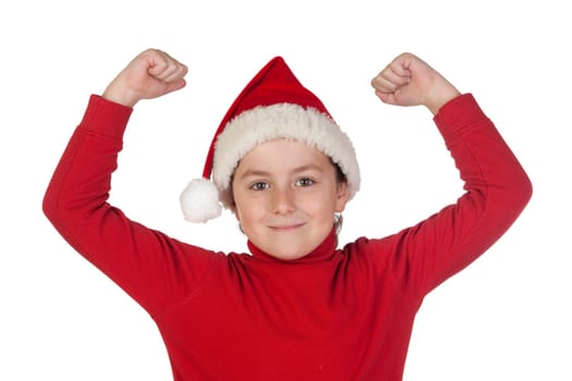 Winner boy with santa hat isolated on white background