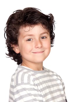 Funny child with striped sweater isolated on white background