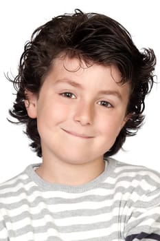 Funny child with striped sweater isolated on white background