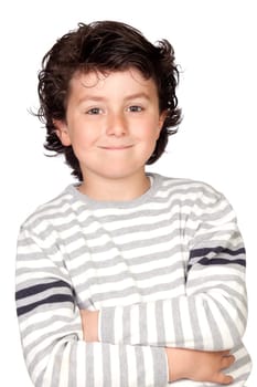 Funny child with striped sweater isolated on white background