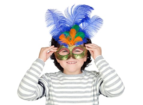 Funny boy with carnival mask isolated on a over white background