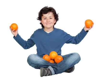 Funny child with many oranges isolated on white background