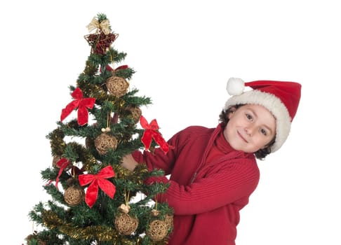 Beautiful child with Christmas trees isolated on white