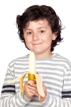 Beautiful child eating a banana isolated on white background