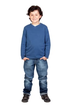 Funny child with blue shirt isolated on white background