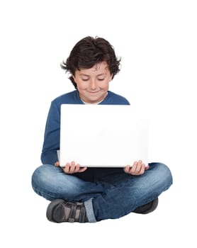 Adorable little boy sitting with laptop isolated on white.