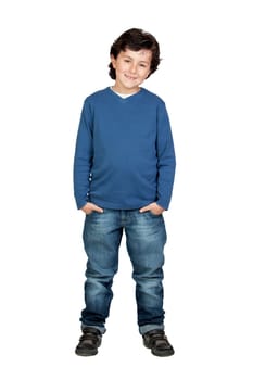 Funny child with blue shirt isolated on white background