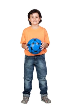 Adorable child with a blue soccer ball isolated on white background