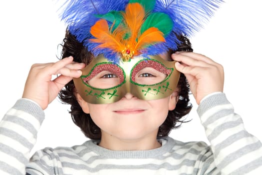 Funny boy with carnival mask isolated on a over white background