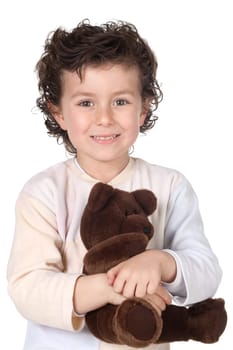 Pretty boy in pajamas with teddy bear isolated on white background