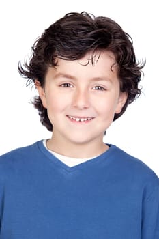 Funny child with blue shirt isolated on white background