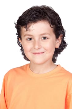 Funny child with orange t-shirt isolated on white background