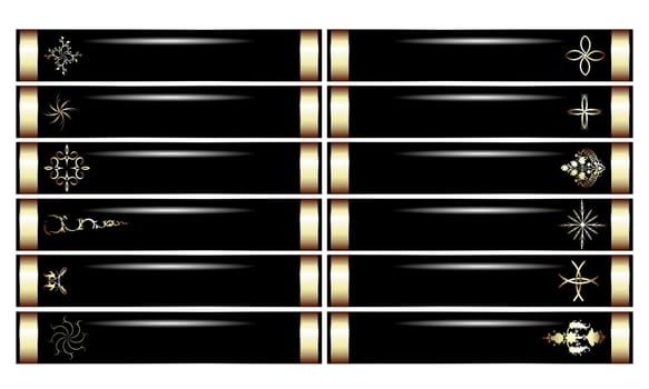 Decorative banners set in black and gold over white background, no mesh or transparencies used