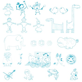 Doodles, cartoon outlines characters over white background, easy to edit, fill with color.