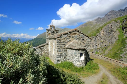 Small stone chapel Saint-Jean built in 1930 by workers on the first Dixence dam, Switzerland