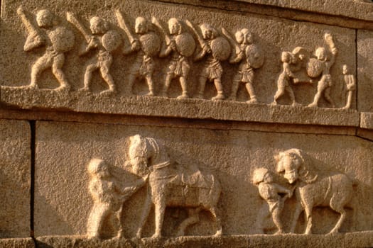 Warriors, Wall Carving, Hazara Rama Temple, Hampi, Karnataka, India