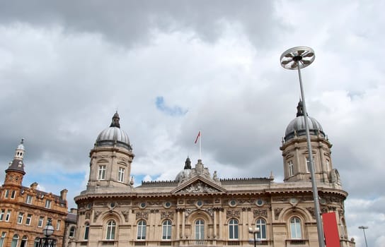 The Twin Domes of an ornately carved Victorian Era Civic Building in Yorkshire