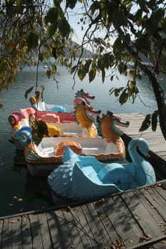 Bird-shaped attractive boats ready to carry tourists