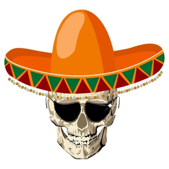 Mexican human skull with sombrero hat and eye glasses, conceptual icon for "Day of the Dead"" holiday"