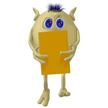 Worring 3D puppet hiding behind big yellow book