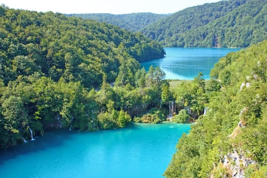 Summer landscape with beautiful waterfalls in the Plitvice Lakes in Croatia