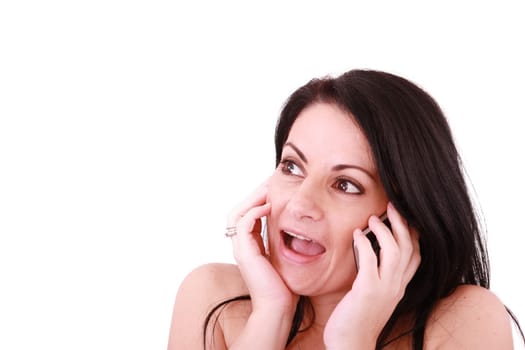 happy businesswoman with cellphone, isolated on white