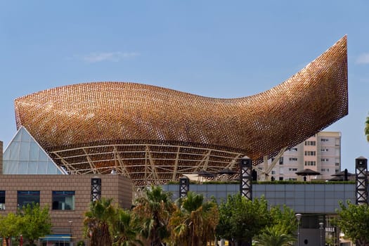 Frank Gery whale sculpture on the beach in Barcelona Spain