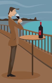 An illustration of a man sipping wine on a deck.