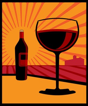 Vector illustration done in flat colors and intense. Still outdoors with a glass of wine and throw it away in perspectives with vineyards and a winery in the background.