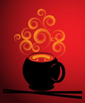 Illustration of soup and chopsticks in orange, black and red colors