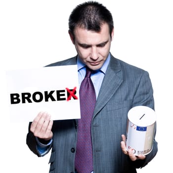 Portrait of bankrupt broker holding money box in studio on isolated white background