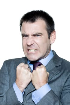 Closeup portrait of an expressive angry mature man in studio on isolated white background