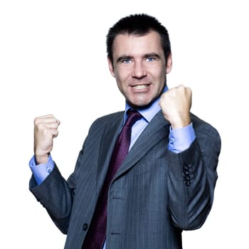 Portrait of an expressive handsome happy man in studio on isolated white background