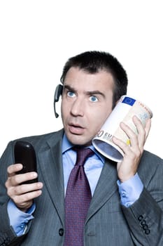 Portrait of shocked businessman with phone and money box in studio on isolated white background