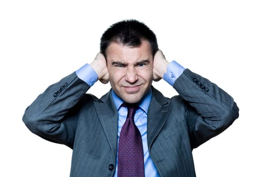 portrait  man hands covering ears annoyed by sound in studio isolated on white background