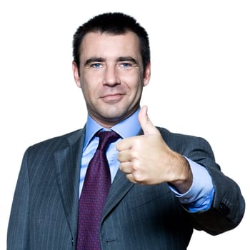 Closeup portrait of handsome man gesturing thumbs up in studio on isolated white background