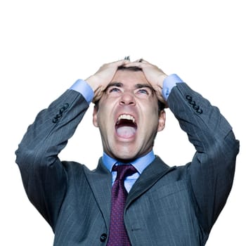 Closeup portrait of an expressive angry mature man shouting in studio isolated on white background