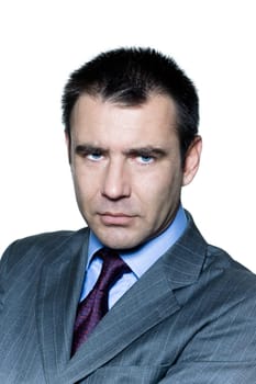 Closeup portrait of a pensive worried businessman in studio on isolated white background