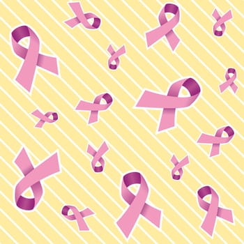 Pink breast cancer ribbon pattern on striped yellow background. Vector file