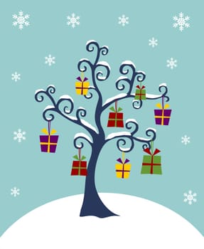 Christmas Tree with hanging gift boxes on a winter background. Vector illustration