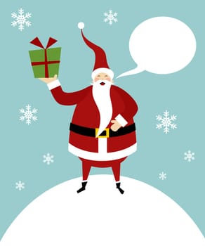 Santa Claus standing on a snow mountain with a gift on his right hand and a blank comic balloon.