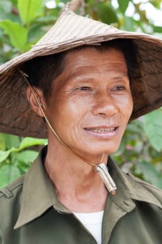 Portrait of friendly Asian,with traditional hat from Vietnam