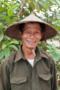 Portrait of friendly Asian,with traditional hat from Vietnam