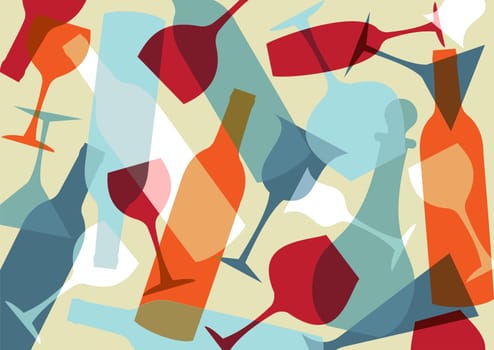 Colorful cocktail glasses and bottles vector texture background.