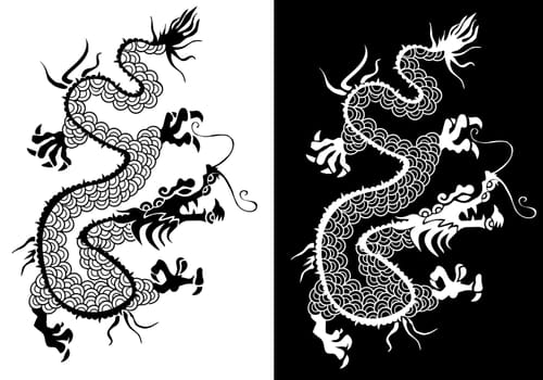 Positive negative Chinese dragon silhouette symbol illustration.