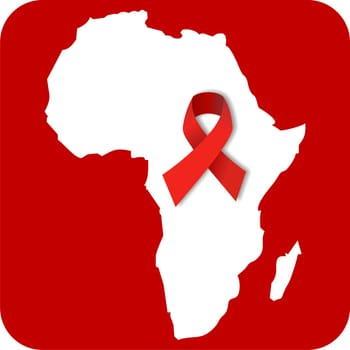 The african continent with a red ribbon over a red rounded square. Vector available