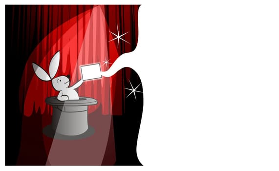 Illustration of a white rabbit going out of a black top hat showing a white banner to advise a text.