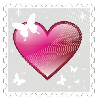 Stamp of a heart over a background with stars and butterflies. Vector illlustration available.